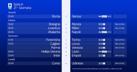 Serie A, 21^ giornata: partite, dove seguirle e gli arbitri